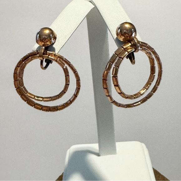 Vintage copper concentric circles dangling hoop earrings clip on - Picture 7 of 7
